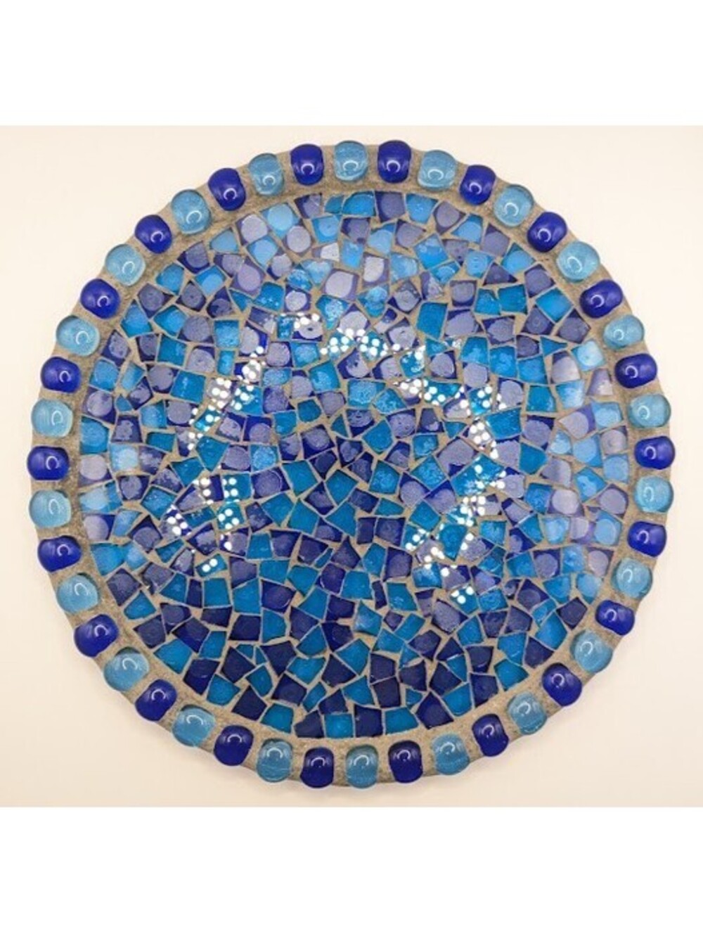 Vintage Mosaic Art Tray Blue Glass Tile Grout Trivet Patio Decor 11" Round